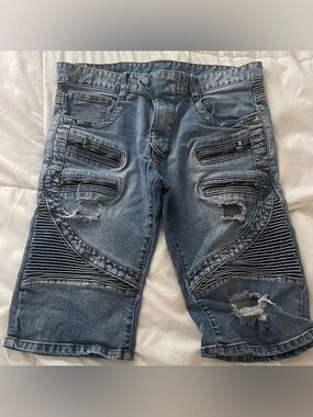 Balmain Paris Moto Shorts – Men’s Size 36 – Washed Blue – Luxury Denim Designer